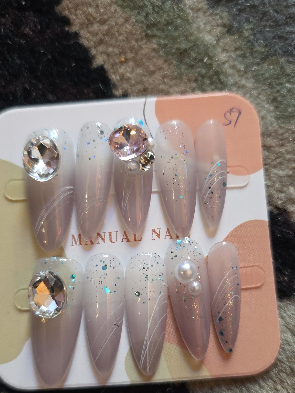 Elegant Nude Almond Press-On Nails with Rhinestone & Pearl Accents Size Small